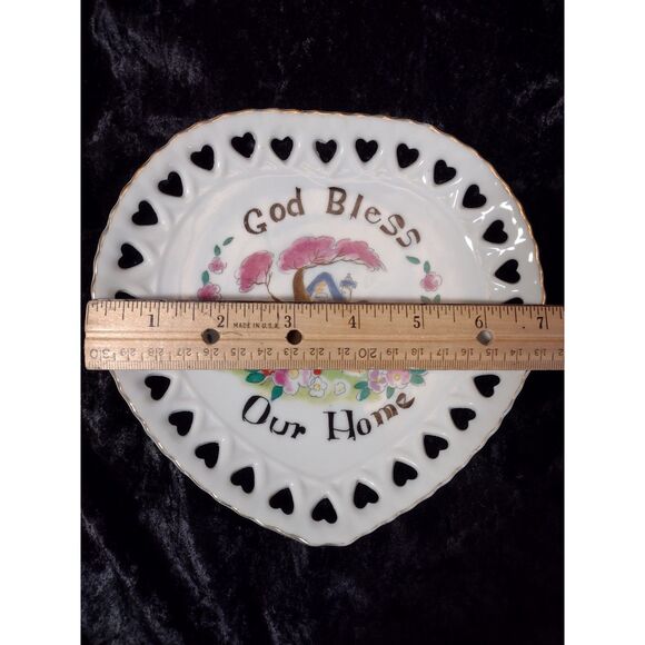 Vtg God Bless Our‎ Home Granny Cottagecore Heart Shape Gold Edge Christian Plate - Picture 4 of 5